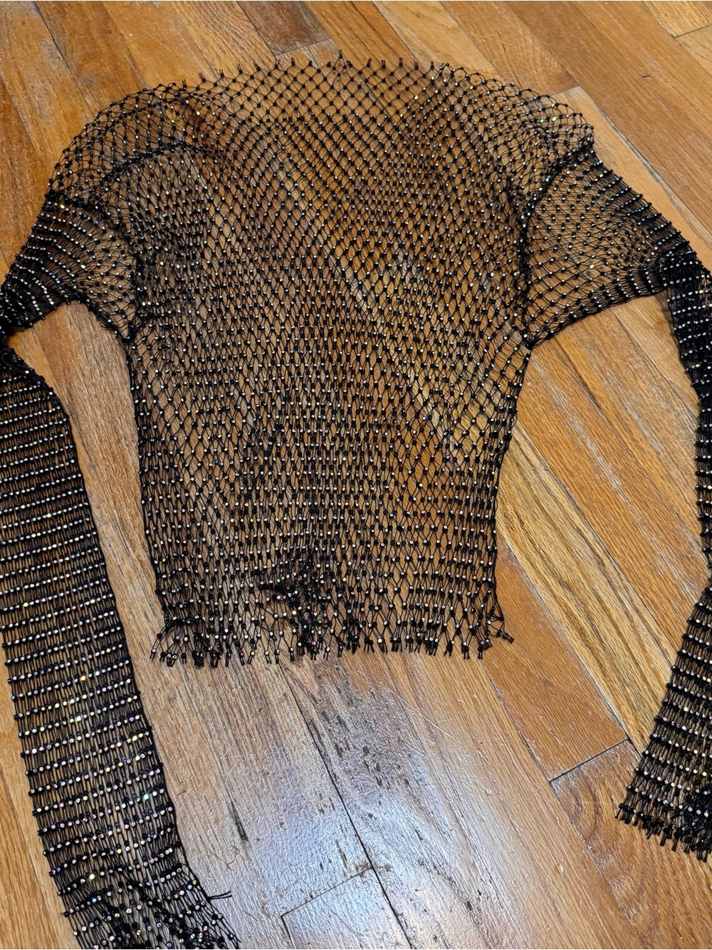 Black Beaded Mesh Long Sleeve Crop Top
